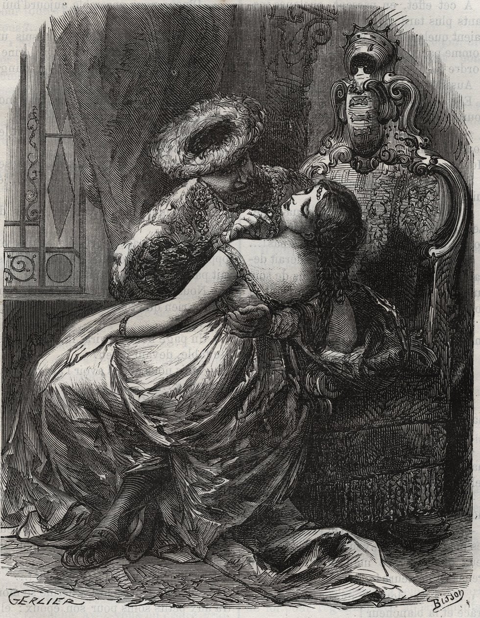 Schöner Hals! Dass ein Henker ihn gerne abschneiden würde! König Heinrich VIII. von England (1491-1547) mit seiner Frau, Catherine Parr (1512-1548). Gravur von 1871 in „Histoire Des Cocus Célèbres“ von Henry de Kock (1819-1892). von French School