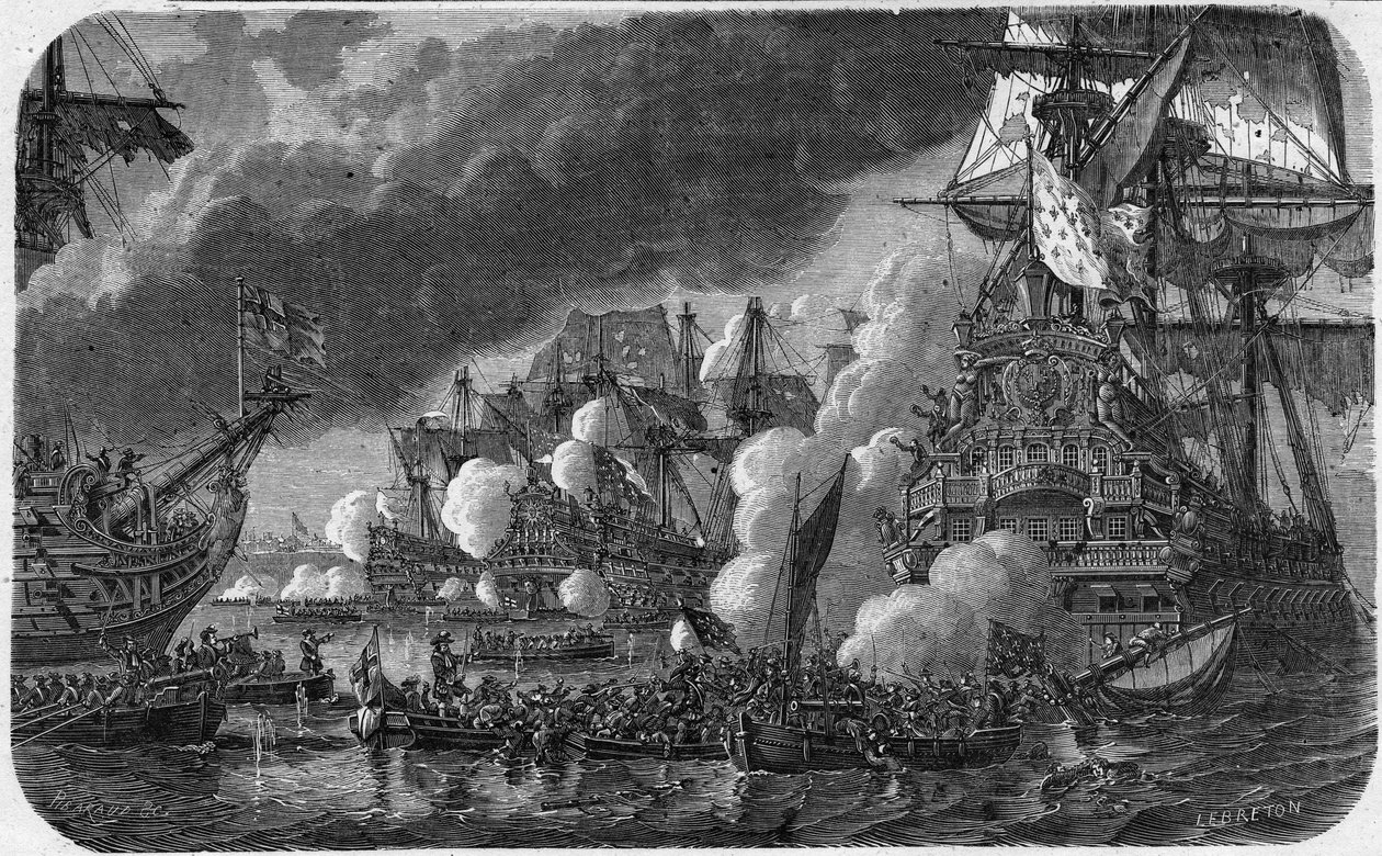 Neunjähriger Krieg (Krieg der Augsburger Liga) (1688-1697): die Schlacht von La Hougue am 19.05.1692 zwischen der anglo-niederländischen Flotte und der französischen Flotte von Vizeadmiral Anne Hilarion de Costentin (Cotentin), Graf von Tourville (1642-170 von French School