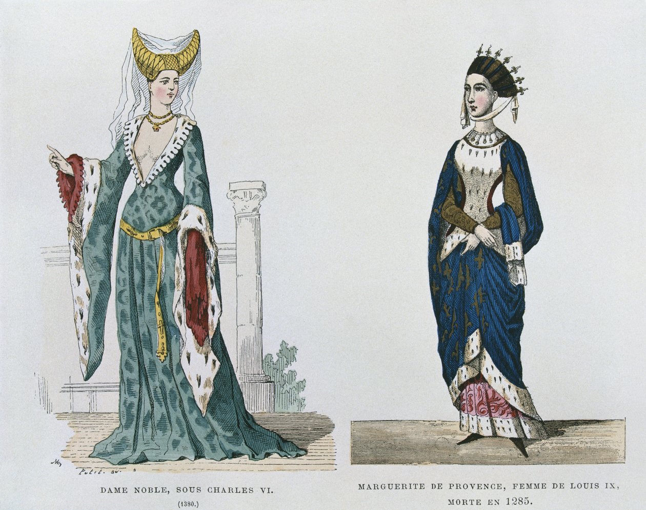 Adlige Frau unter der Herrschaft von Karl VI., Marguerite de Provence, Frau von Ludwig IX., gestorben 1285, aus Costumes civils et militaires des francais a travers les siecles von French School