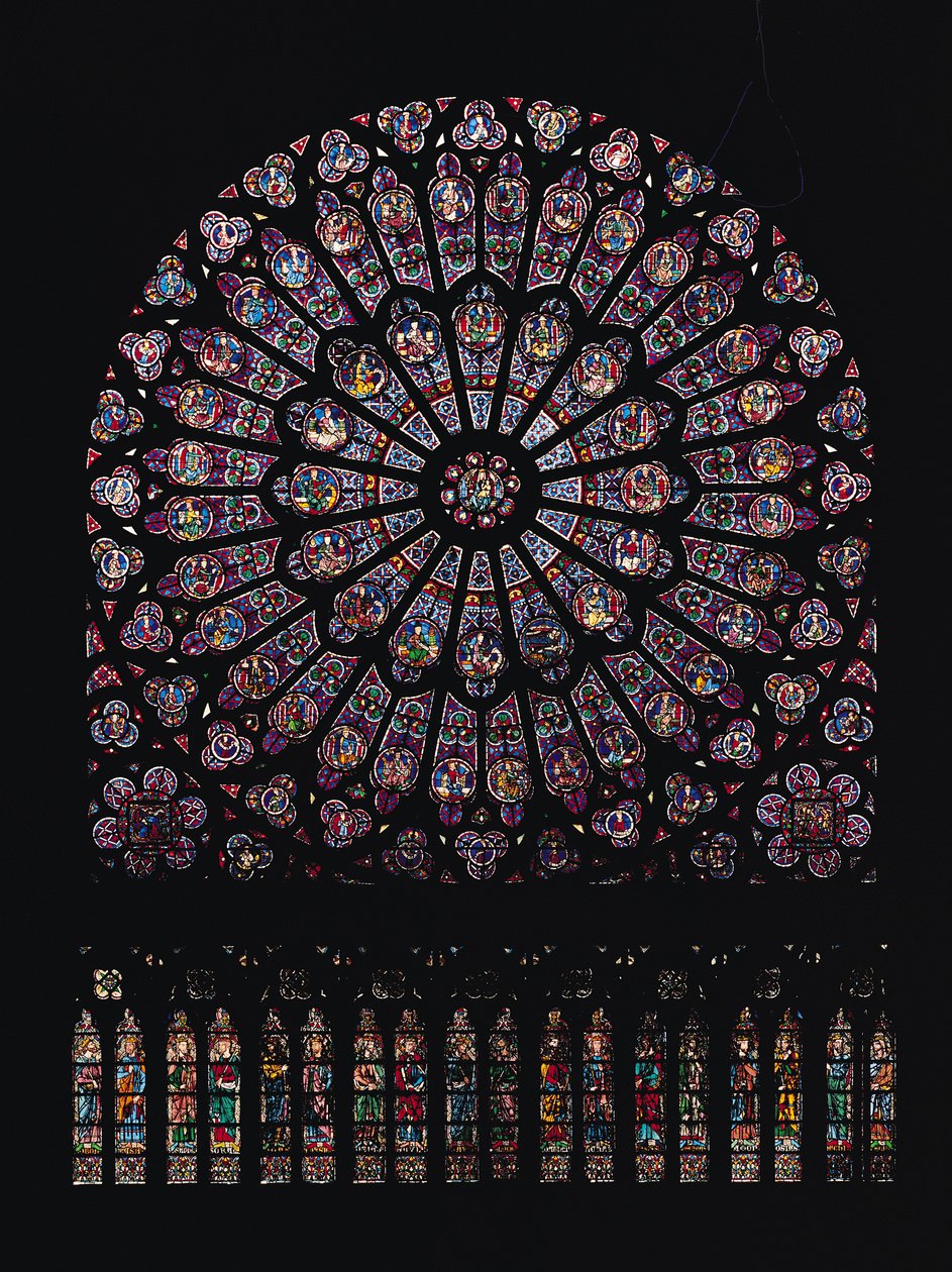 Nordtransept-Rosenfenster, das die Jungfrau und das Kind im Zentrum umgeben von alttestamentlichen Figuren darstellt, entworfen ca. 1250 von French School