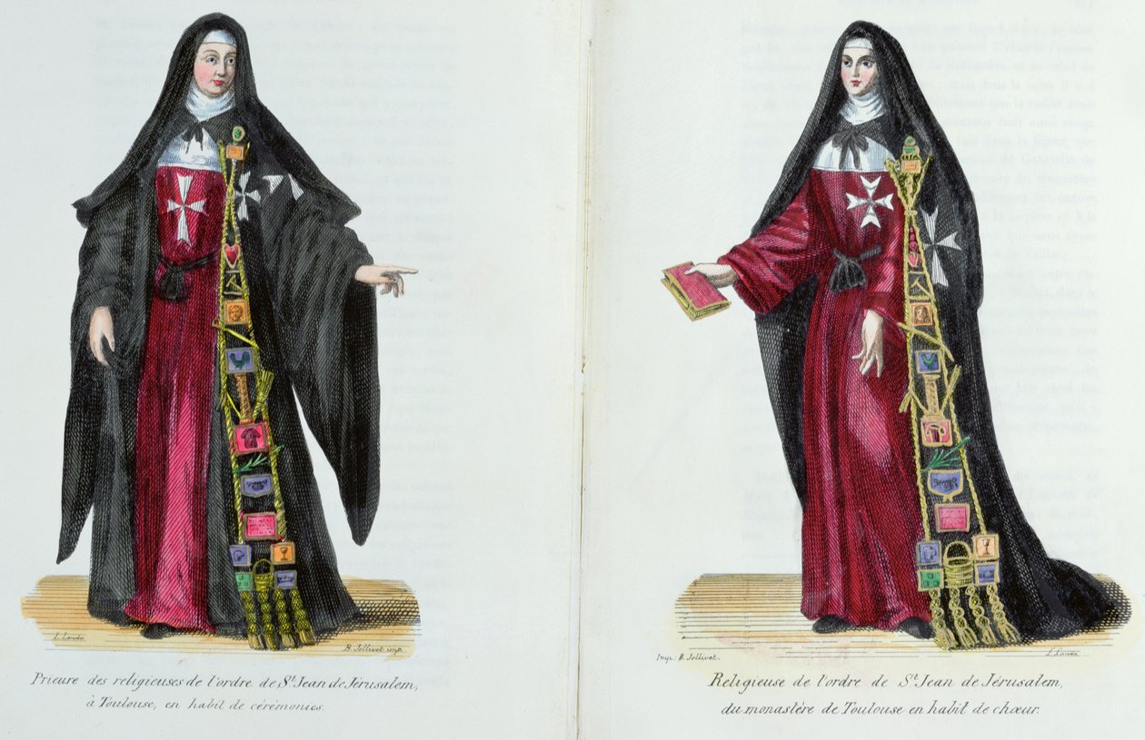 Nonnen des Ordens von St. Johann von Jerusalem, Illustration aus Geschichte und Kostüme der Mönchsorden von Pater Helyot, 1842 von French School