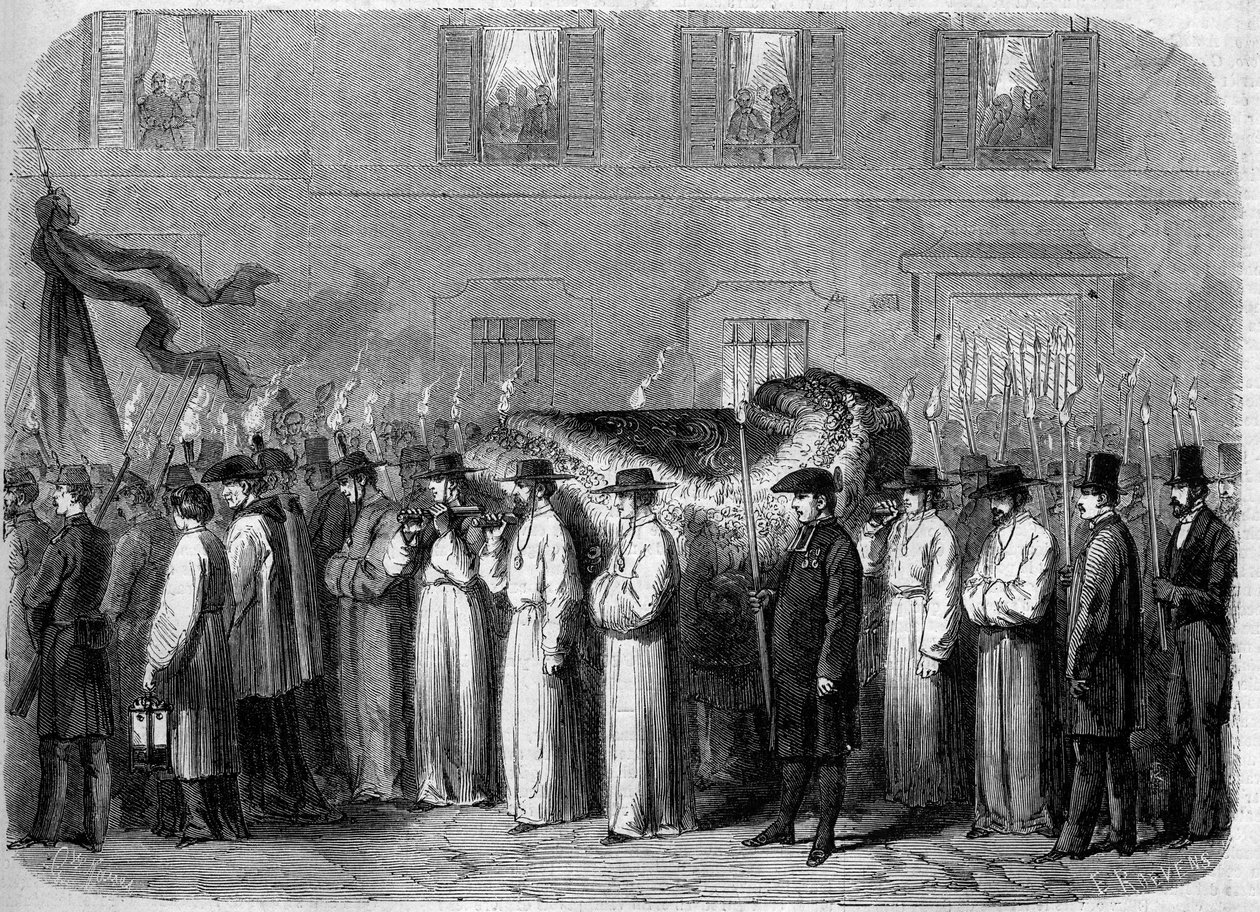 Begräbnis von Jean Baptiste (Giovanni Battista) Niccolini (1782-1861), 21. September 1861: Trauerzug, der die Überreste des italienischen Dichters durch die Straßen von Florenz (Firenze), Italien, trägt. Gravur in „Le Monde Illustré“ Nr. 234 vom 5. Oktober von French School