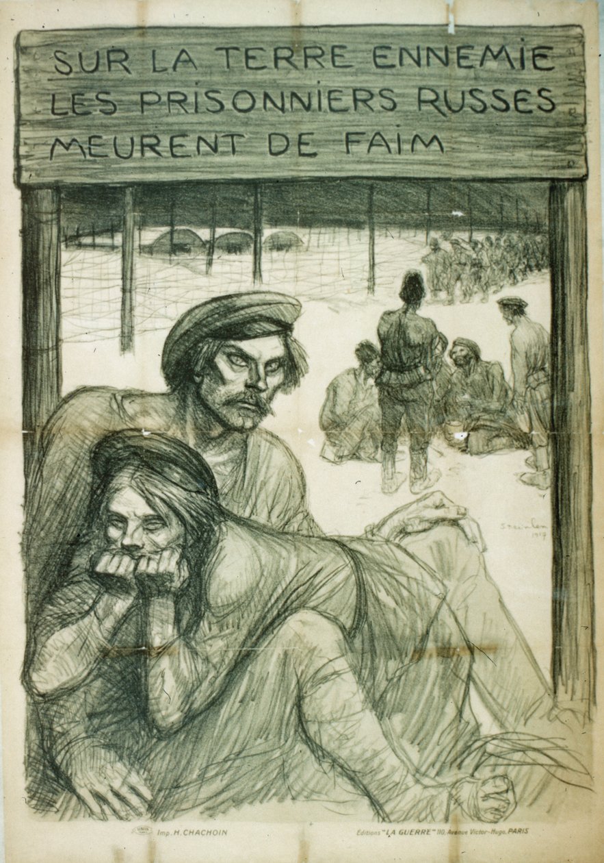 Auf Feindesboden sterben die russischen Gefangenen vor Hunger, 2. Weltkrieg Plakat von French School
