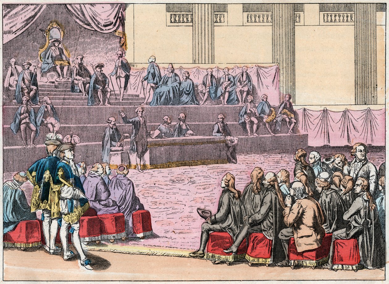 Eröffnung der Generalstände in Versailles am 5. Mai 1789, die die drei Stände (Klerus, Adel und Dritter Stand) zusammenbrachten - Eröffnung der Generalstände, 5. Mai 1789 - Gravur Ende des 19. Jahrhunderts in „Nos Gires Nationales“ von French School