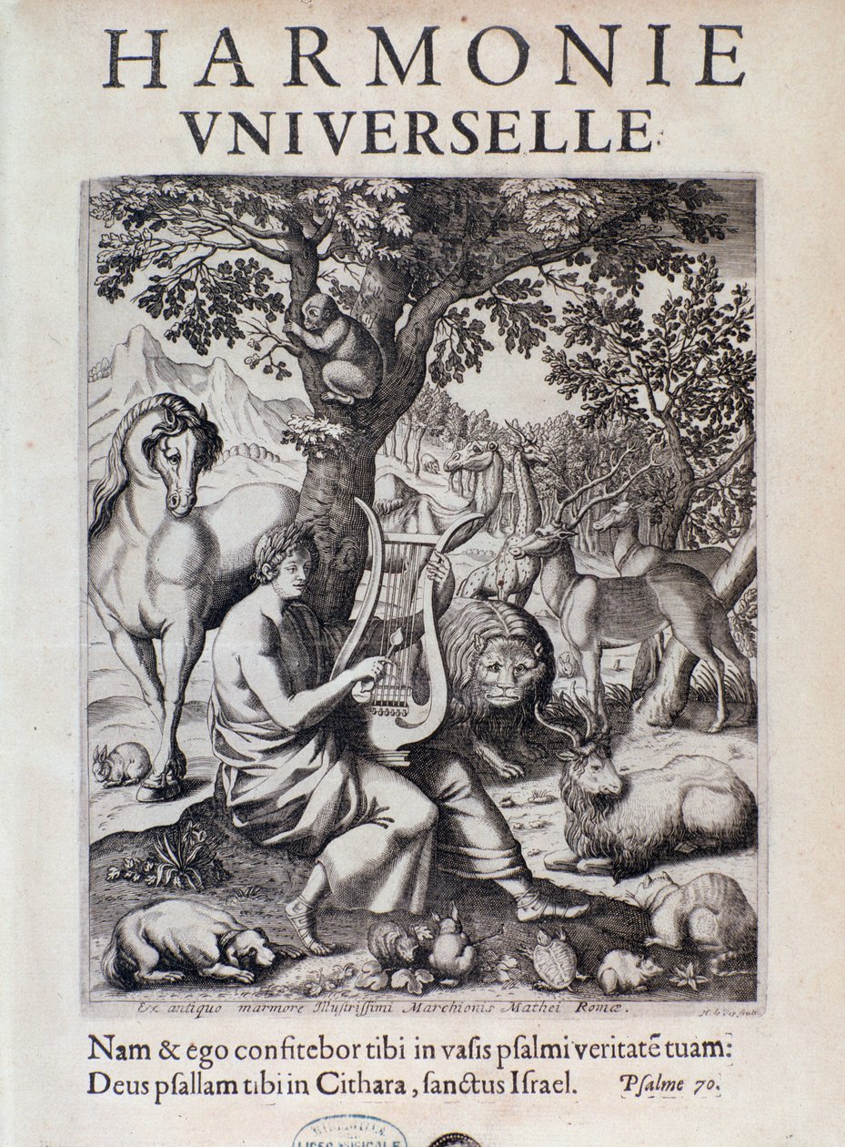 Orpheus spielt für Tiere. Frontispiz von Harmonie universelle von Marin Mersenne von French School