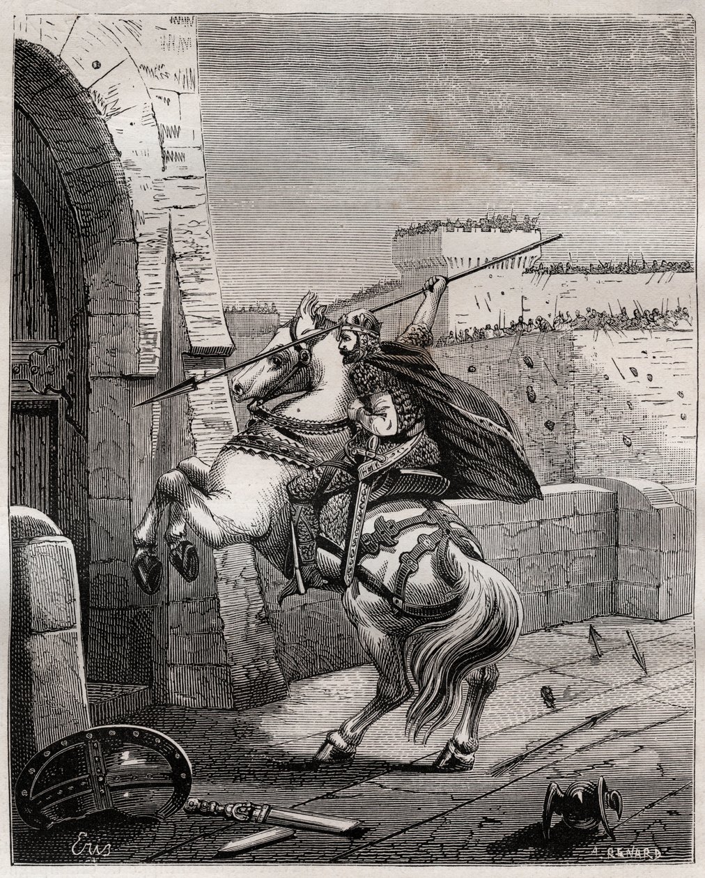 Otto II., Heiliger Römischer Kaiser vor Paris - Otto II. des Heiligen Reiches, bekannt als der Rote (955-983), ärgert sich, dass er nicht in Paris eindringen kann (Belagerung von Paris, 978), und geht unter die Mauern der Stadt, um seinen Speer in das Tor  von French School