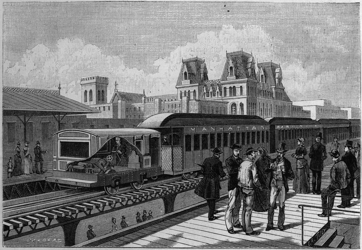 Überblick über die Hochbahnstation und den elektrischen Zug in New York, USA. Gravur in „La Nature. Revue des sciences et de ses applications aux arts et à l