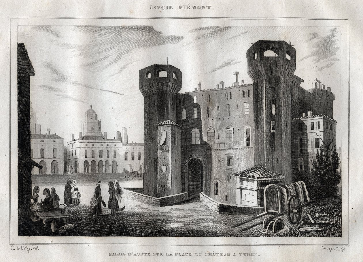 Palast von Aosta auf der Place du Chateau in Turin - Gravur aus „Italien malerisch“ - Historische und beschreibende Malerei von Italien“ von M. de Norvins, Ch. Nodier 1834-1836 von French School