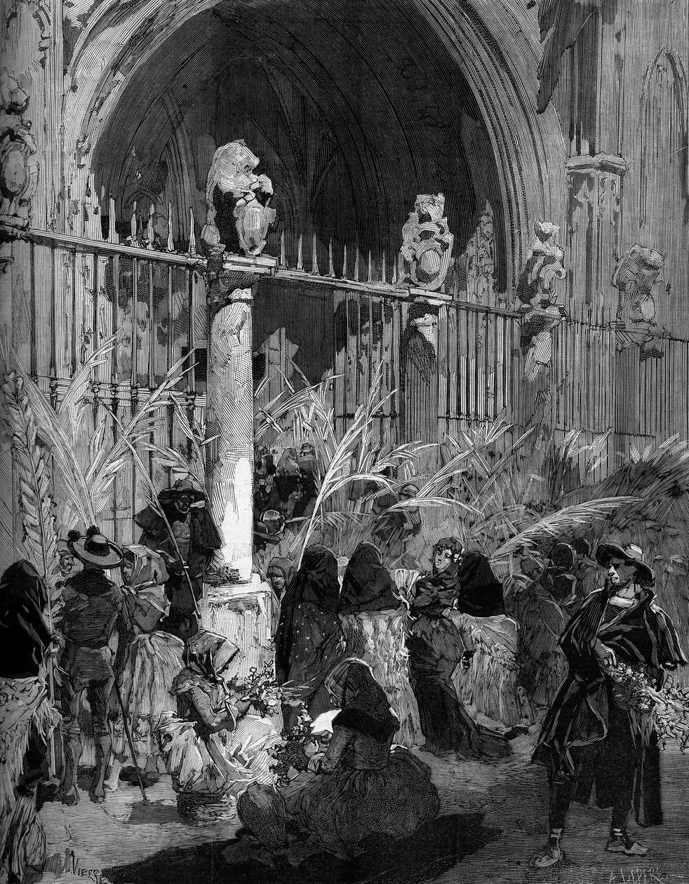 Palmsonntag in Spanien: Verkauf von gesegneten Palmen vor der Kathedrale von Toledo. Gravur von Virgo in „Die illustrierte Welt“ Nr. 1200 vom 27. März 1880. von French School