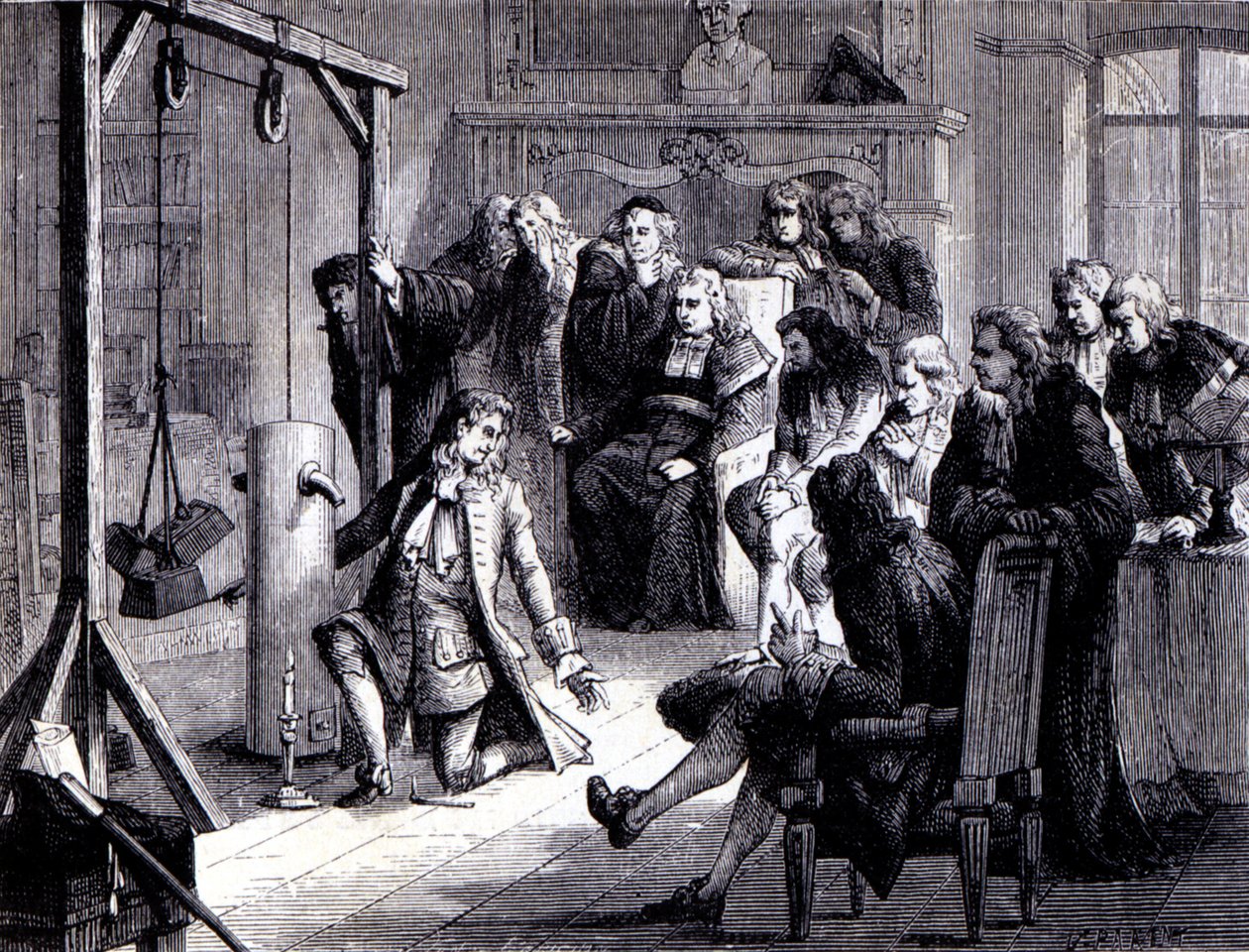 Papin (1647 - 1714) experimentiert mit seiner Pulvermaschine vor den Professoren der Universität Marburg - in „Album der Wissenschaft; berühmte Wissenschaftler; Große Entdeckungen“ 1896. von French School