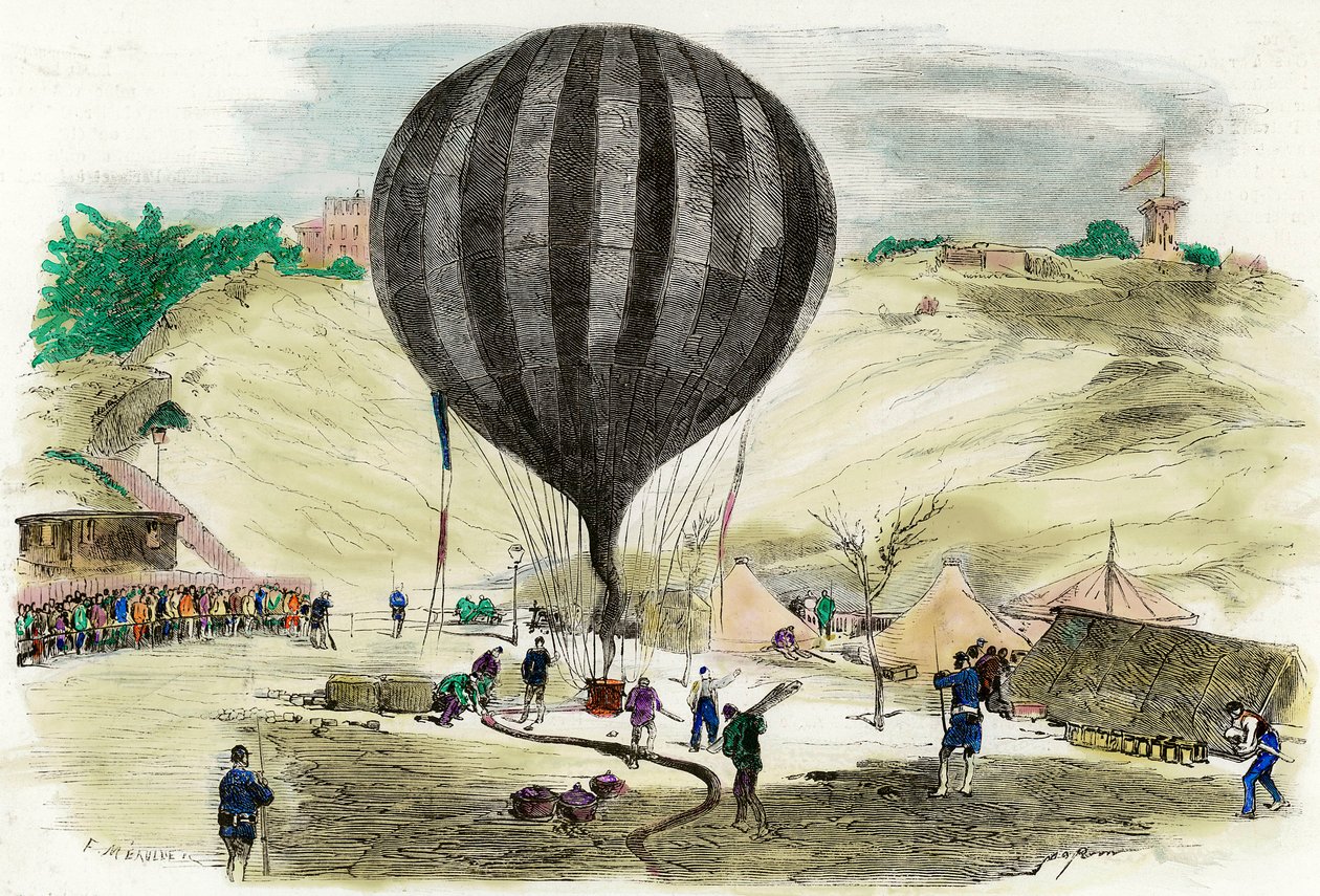 Belagerung von Paris 1870: Ansicht eines der Ballons, die zur Kommunikation mit dem Außenbereich verwendet wurden, auf dem Place Saint Pierre (Montmartre) in Paris. Gravur von 1870 Privatsammlung von French School