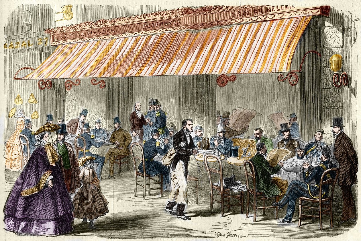 Paris im 19. Jahrhundert. Der Boulevard des Italiens im Jahr 1859: vor dem Café Helder um fünf Uhr nachmittags von French School