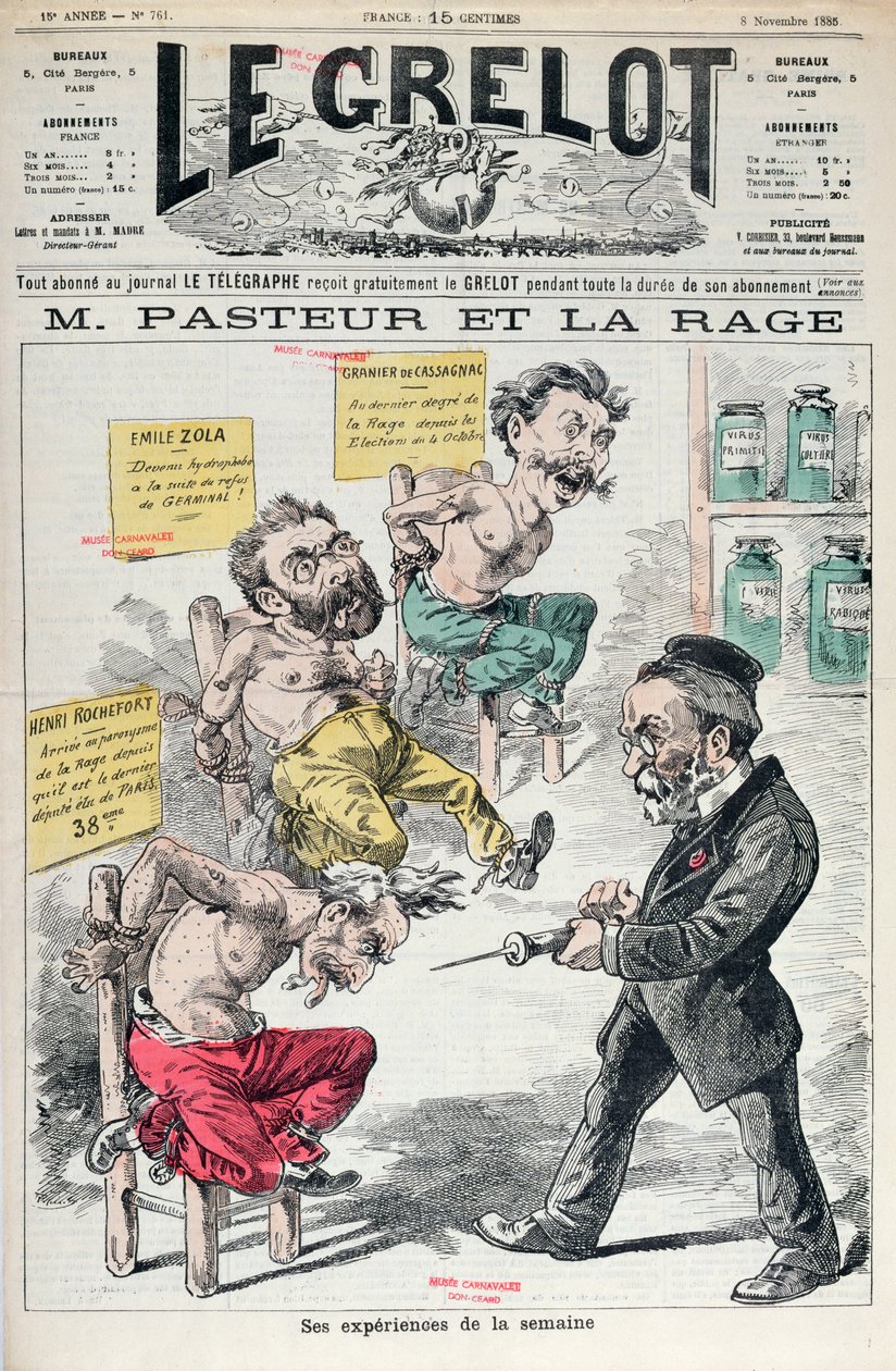 Pasteur und Tollwut, Karikatur der Experimente von Louis Pasteur (1822-95) aus Le Grelot, 8. November 1885 von French School