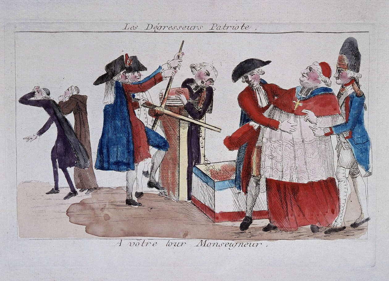 Patriotische Scans: Kommissare, die Kleriker in einer Presse passieren lassen, um sie abzumagern, Ende 18. Jahrhundert von French School