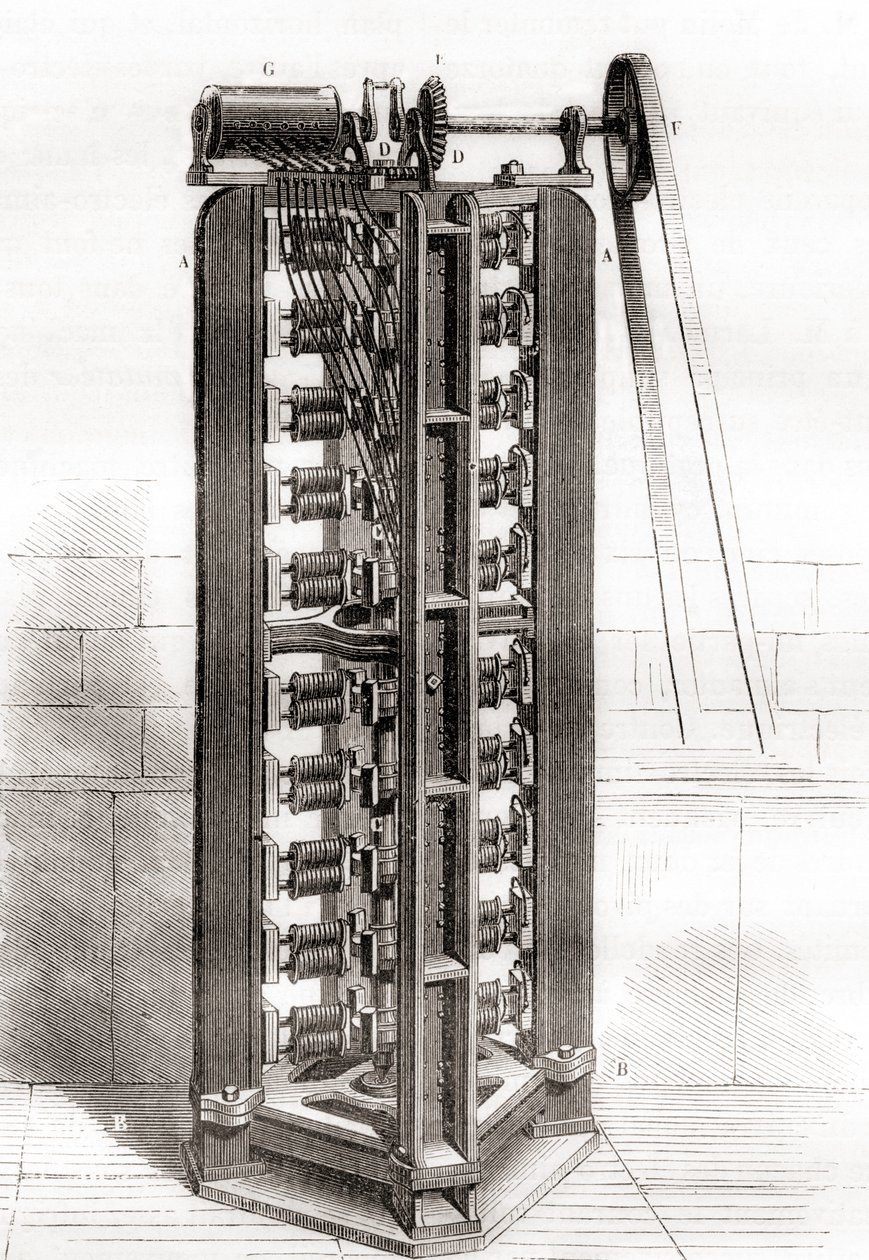 Paul-Gustave Froments vertikaler Elektromotor, ca. 1844, aus Les Merveilles de la Science, veröffentlicht ca. 1870 von French School