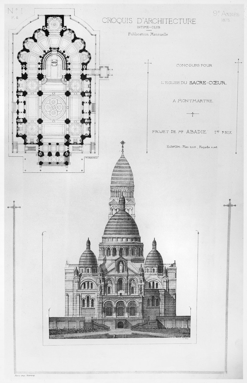 Paul Abadies Siegerentwurf im Wettbewerb für das Design der Sacré-Coeur in Montmartre, aus Croquis d