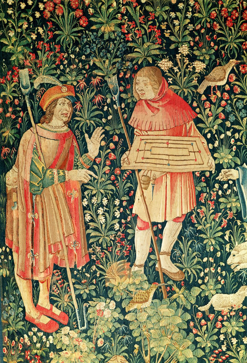 Bauer trägt ein Jeu de Marelle-Brett, aus Jeu de Marelle et Cueillette de Fruits, Loire-Werkstatt, 1510 von French School