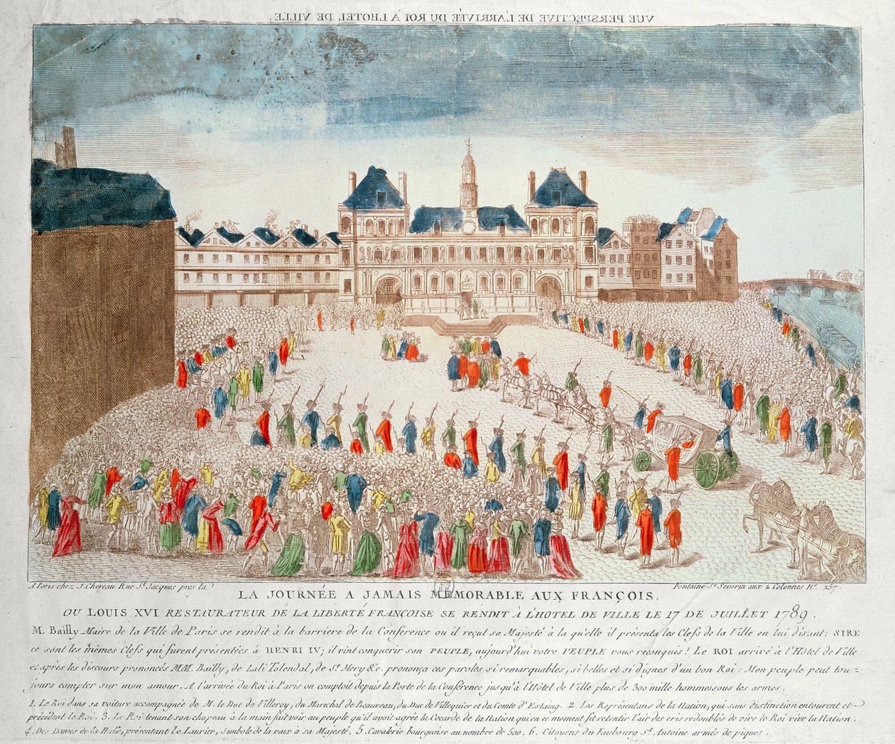 Perspektivische Ansicht der Ankunft von Ludwig XVI. (1754-93) im Hotel de Ville, 17. Juli 1789 von French School