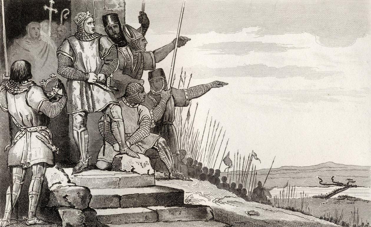 Philippe II Auguste (1165-1223) gewinnt die Schlacht von Bouvines nach Gebet, aus 