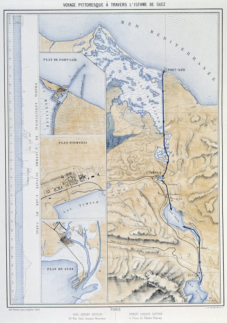 Malerische Reise durch den Isthmus von Suez (Plan von Suez) in „Einweihung des Suezkanals“ von G. Nicole. 1869 von French School