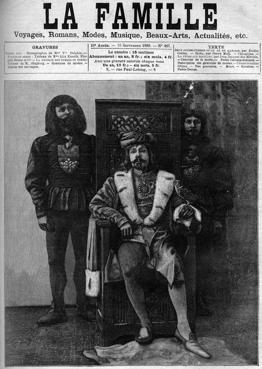 Pierre Loti im Kostüm von Ludwig XI. empfängt seine Gäste in seinem Schloss während einer Feier in einem Dekor aus der Zeit von Ludwig XI. Titelblatt von „Die Familie“ von 1888. von French School