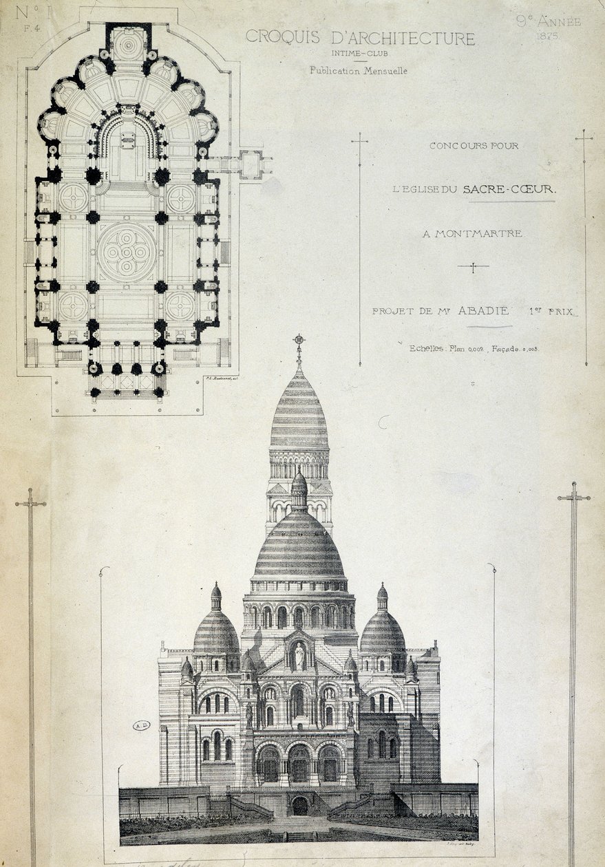 Plan und Aufriss des Heiligen Herzens, Projekt von Herrn Abadie, Ende 19. Jahrhundert von French School