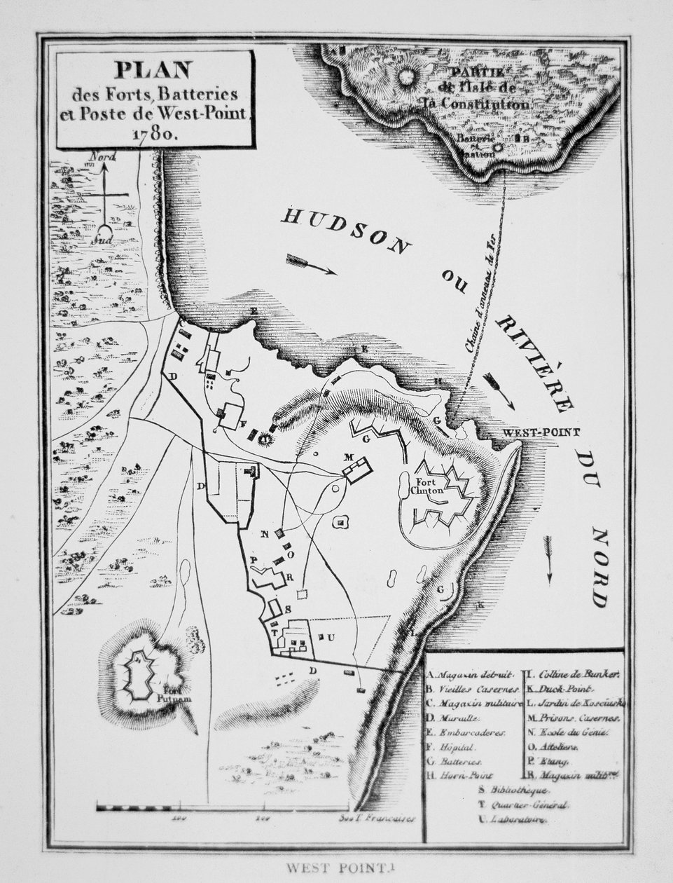 Plan von West Point, der Schlüssel-Fort, den Benedict Arnold während des Unabhängigkeitskrieges an die Briten übergeben wollte von French School