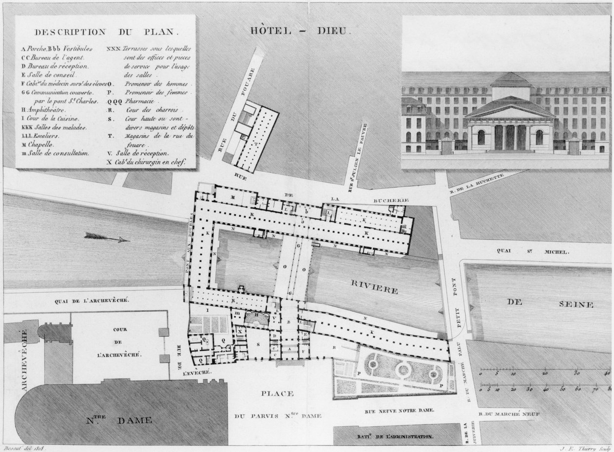 Plan des Hotel-Dieu, Paris, Illustration aus Description des Hopitaux de Paris, graviert von Jacques Etienne Thierry (1750-1832) nach Bessat, 1808 von French School