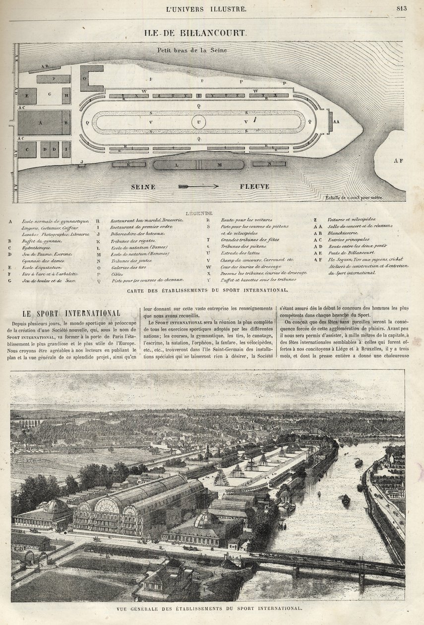 Plan der Einrichtung des Internationalen Sports, der 1869 auf der Insel Billancourt gebaut werden soll - Gesamtansicht der Einrichtungen des internationalen Sports auf der Insel Billancourt im Jahr 1869 von French School