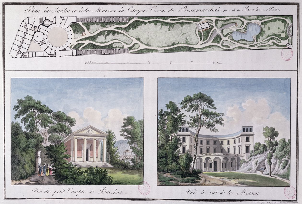 Plan des Gartens und Hauses, gebaut für Pierre Augustin Caron de Beaumarchais (1732-99) von Lemoine, ca. 1784 von French School