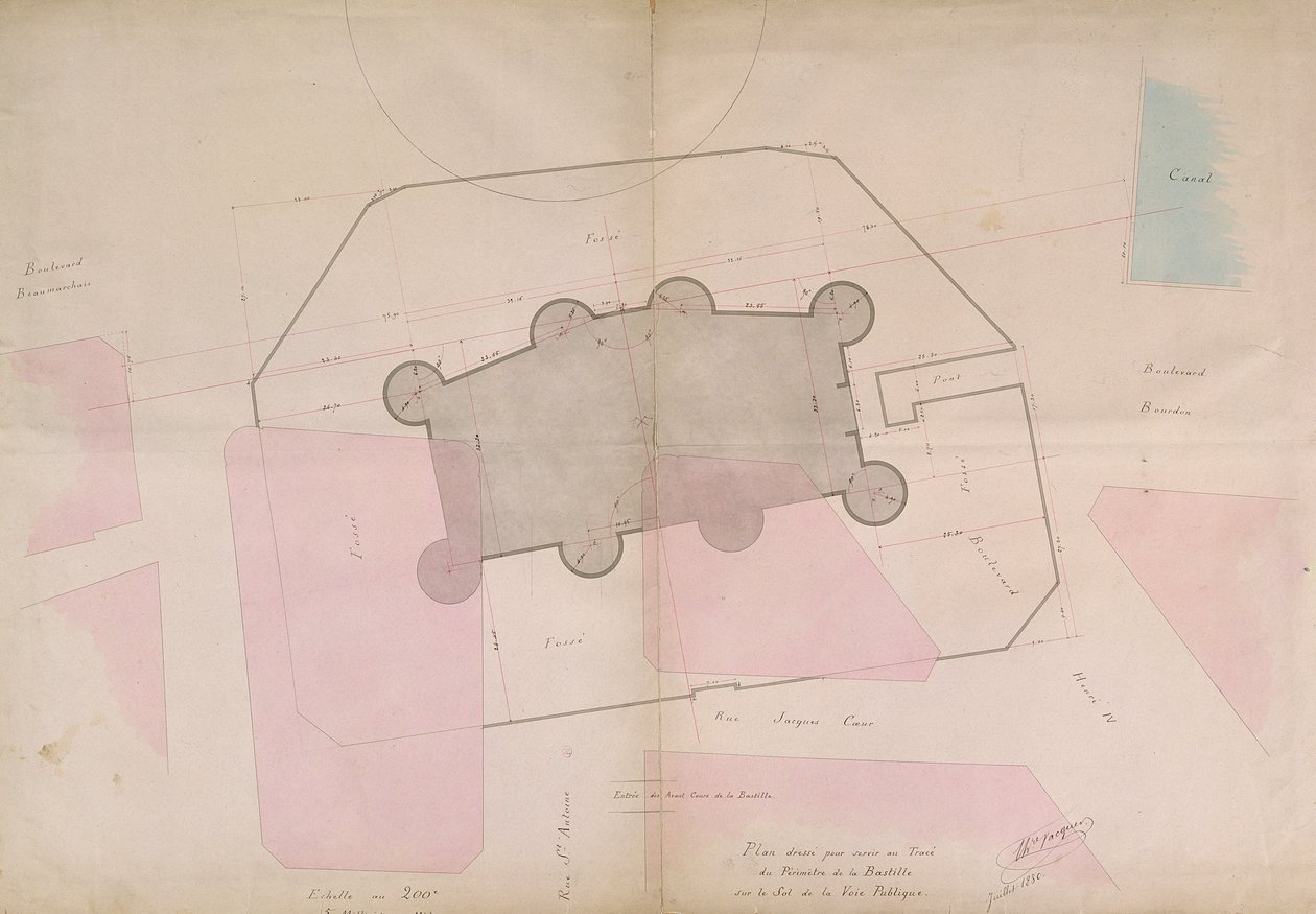 Plan, der die Umrisslinien der Bastille zeigt, 1830 von French School