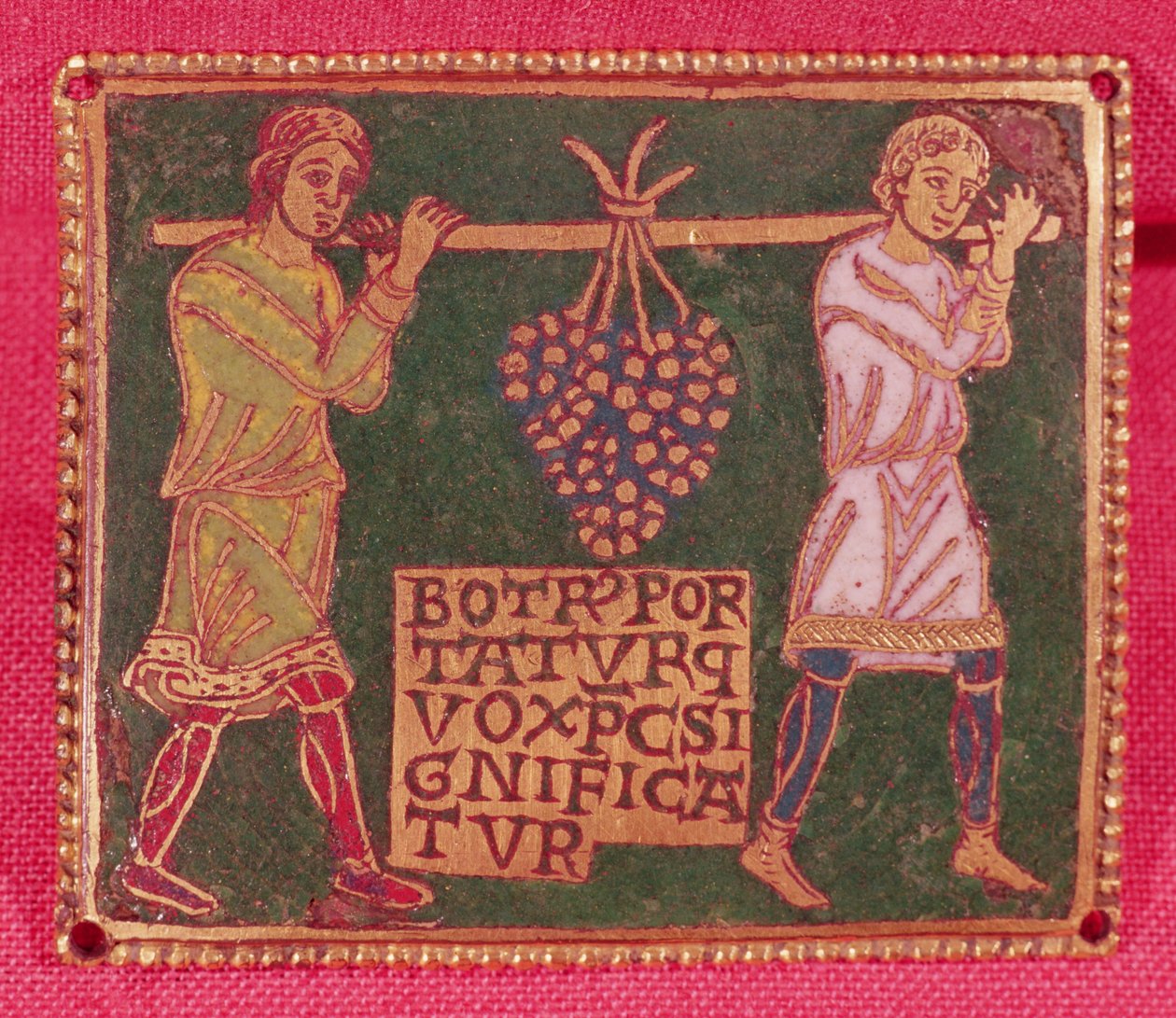Plakette von einem Kreuz mit Darstellung von zwei Männern, die die Trauben des gelobten Landes tragen, Mosane Schule von French School