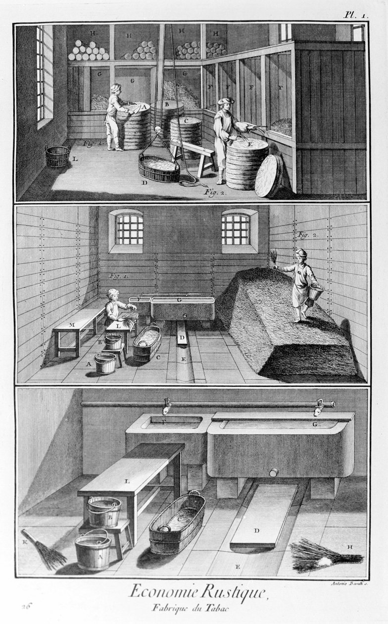 Tafel, die eine Tabakfabrik darstellt. Manufacture de Tabac - L