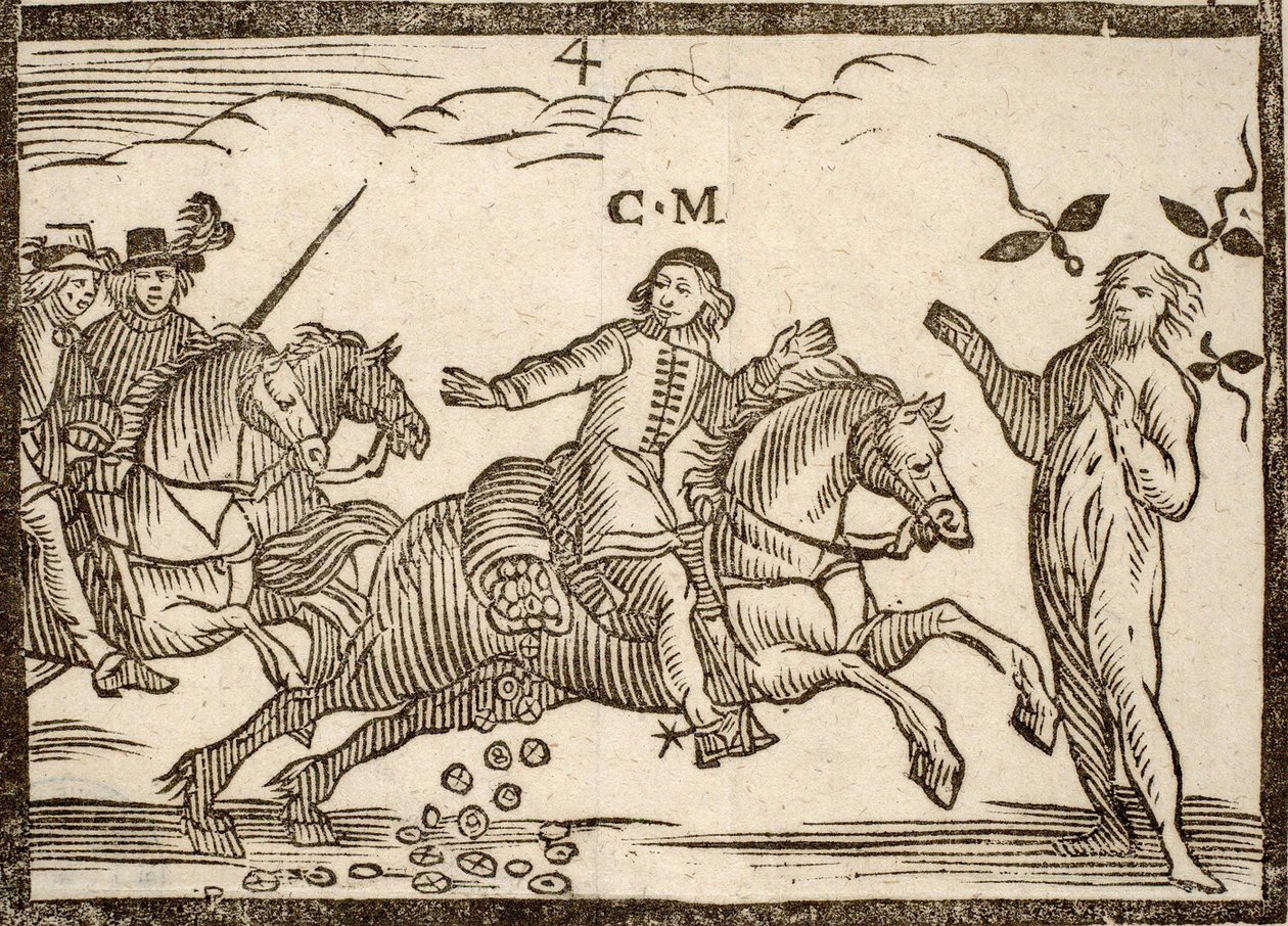Politische Pamphlete Mazarinade: Mazarin lässt auf seiner Flucht Écus fallen: der Schatten von Concini, Marschall von Ancre, steht vor ihm. Holzschnitt 1651 von French School