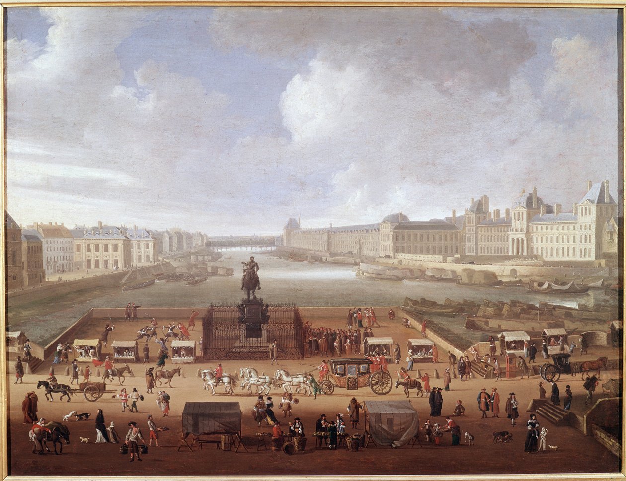 Pont-Neuf, Paris, gesehen vom Eingang zur Place Dauphine mit Blick auf das Collège des Quatre-Nations, Quai Malaquais und Louvre von French School