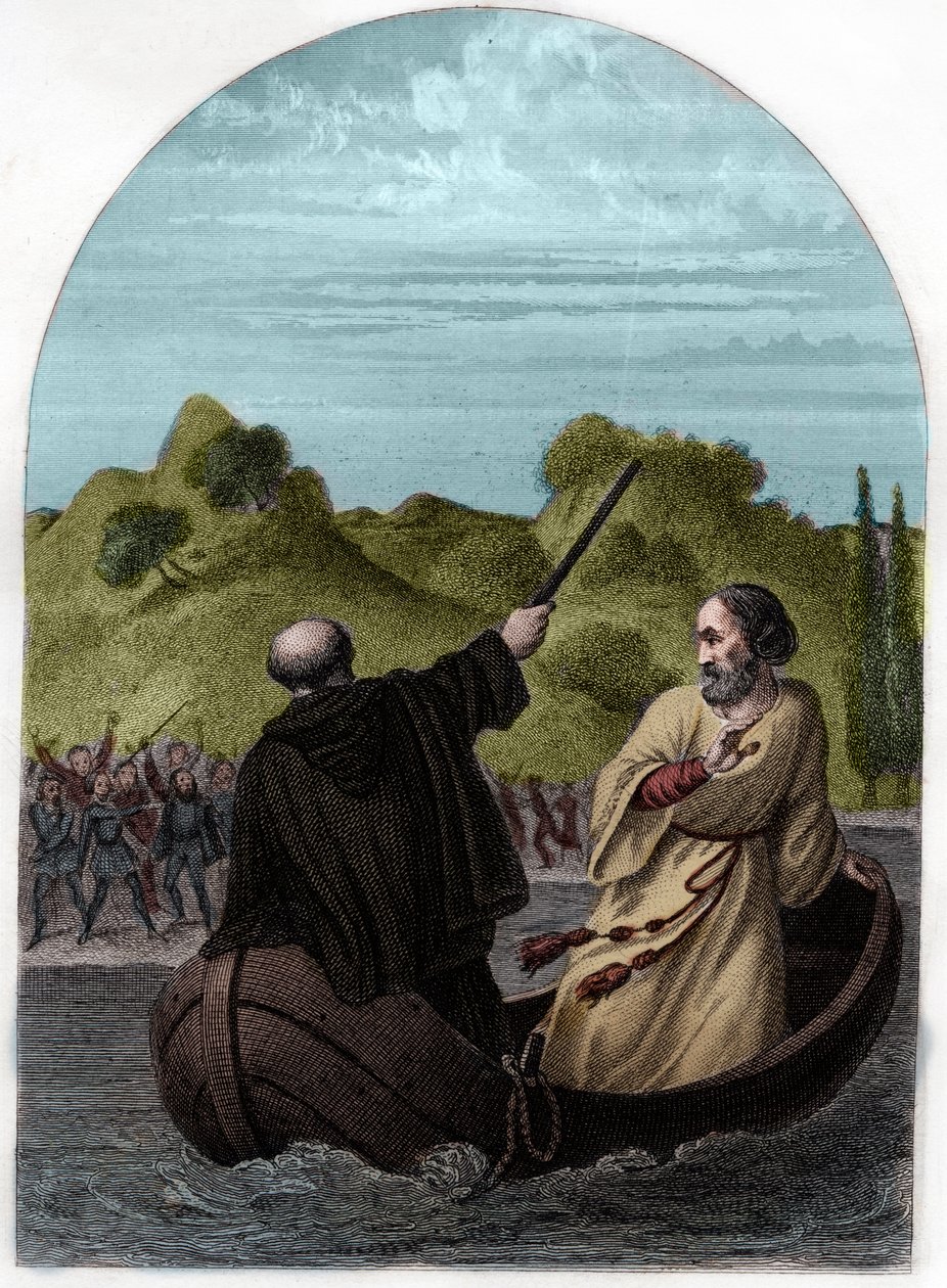 Papst Eugen IV. (Eugenio, Eugenius) (1431-1447) flieht in einem Boot, um dem Zorn der Römer zu entkommen - PAPST EUGENIUS IV. (Gabriele Condulmaro) wird von der mächtigen Familie Colonna bekämpft, er muss aus Rom fliehen, während seine Feinde einen Gegenpa von French School
