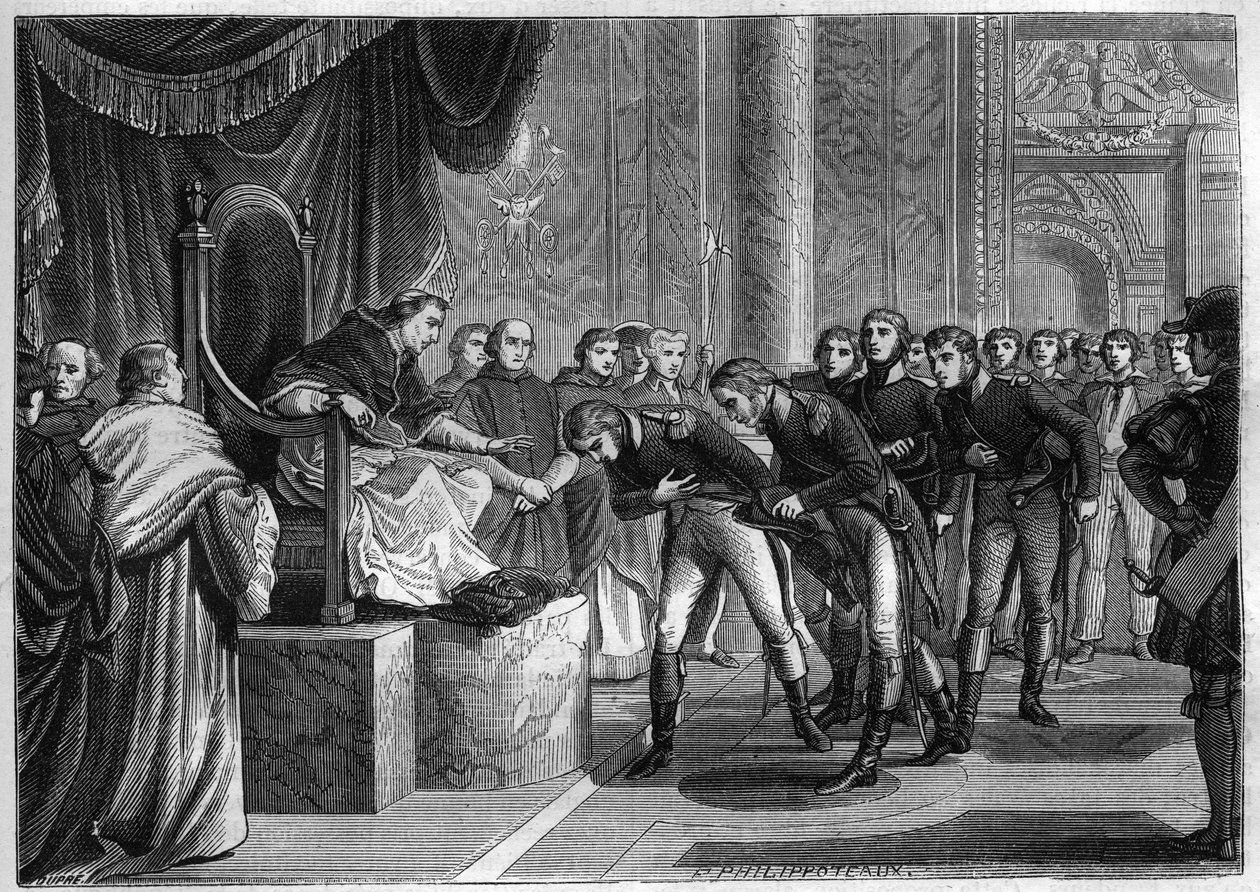 Papst Pius VII. (1742-1823) empfängt in Rom die französischen Seeleute der beiden Schiffe „Saint Peter“ und „Saint Paul“, die Bonaparte dem Papst im August 1802 geschenkt hat - Gravur von 1865 in „Histoire du Consulat et de l