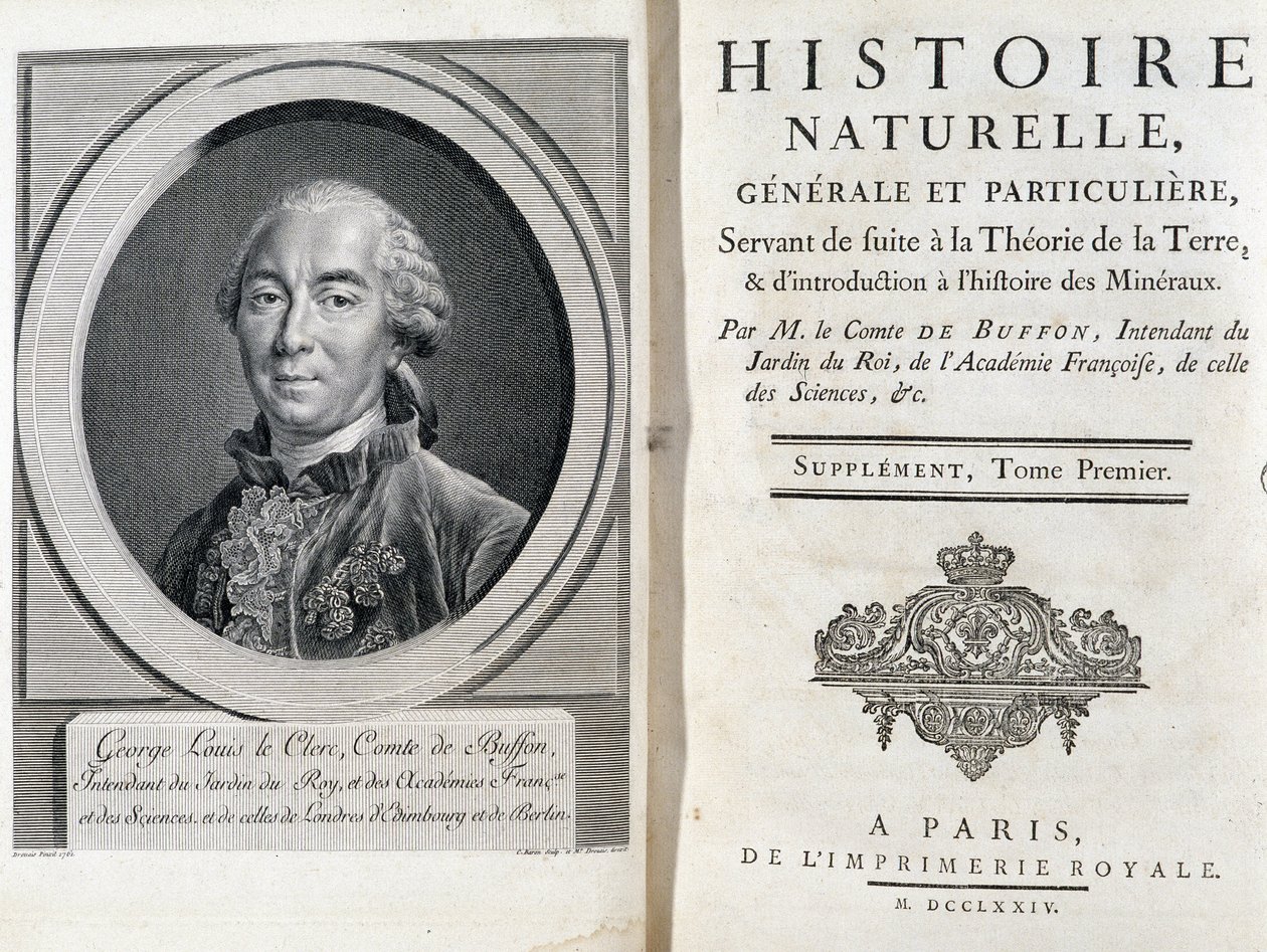 Porträt und Titelseite von „Histoire naturelle, générale et particulière“ von Buffon von French School