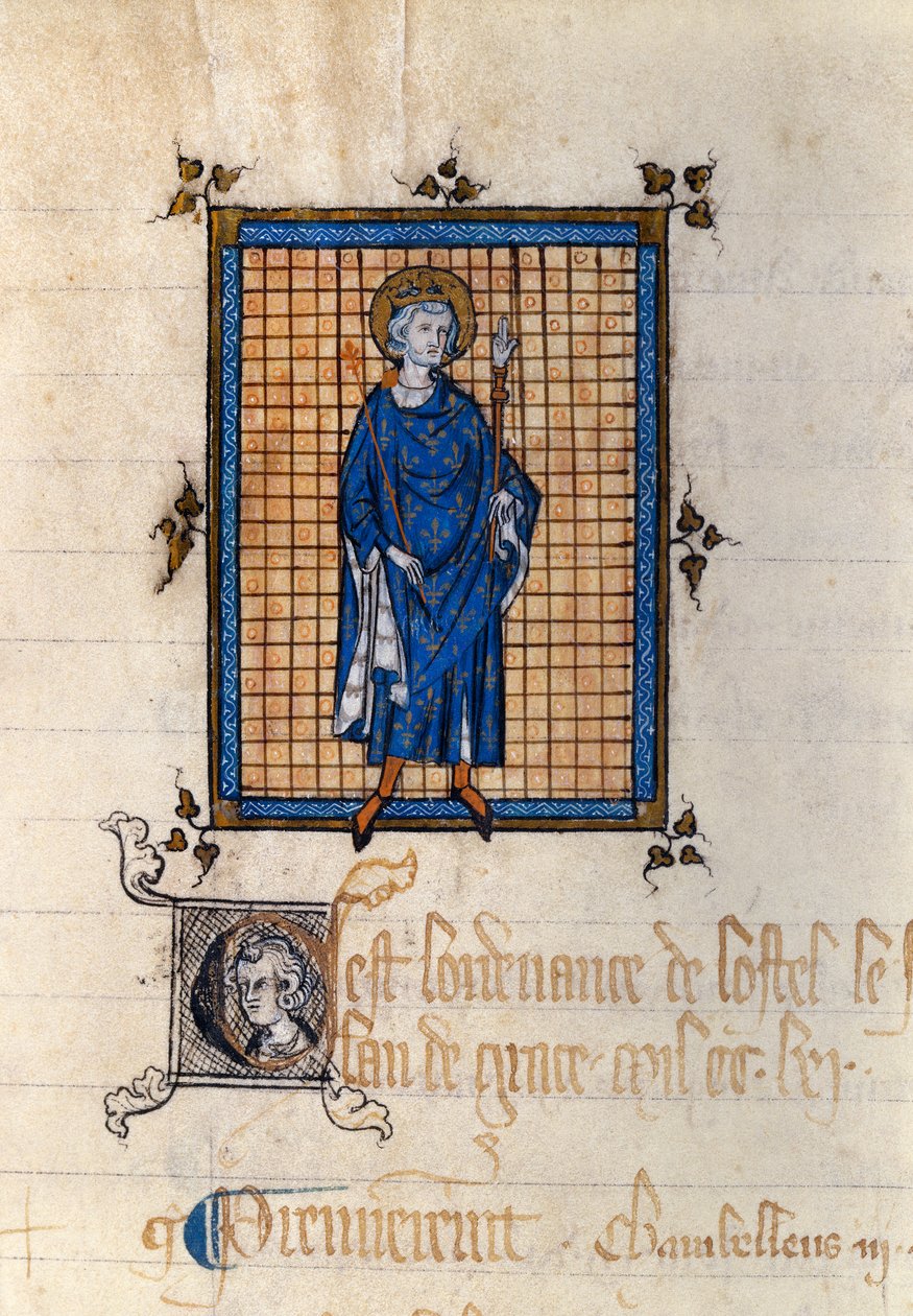 Ganzkörperporträt von Saint Louis in Majestät (Louis IX) (1214-1270) Miniatur aus dem "Register der Verordnungen des Hotel du roi". Paris, Nationalarchiv von French School