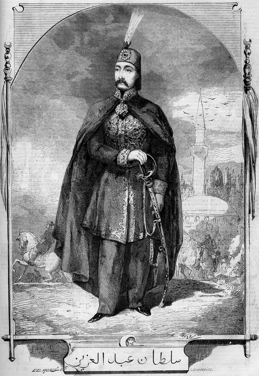 Porträt von Abdul Aziz (Abd-ul-Aziz oder Abd Ul Aziz oder Abdulaziz) (1830-1876), Sultan des Osmanischen Reiches. Gravur in „Le Monde Illustré“ Nr. 224 vom 27. Juli 1861 von French School