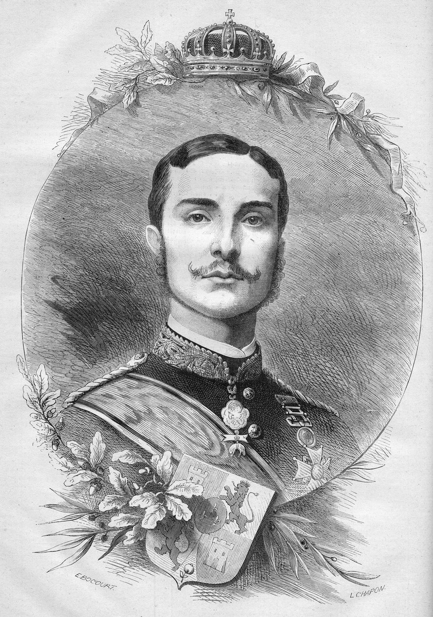 Porträt von Alfons XII. (Alfonso) (1857-1885), König von Spanien. Gravur in „Le Monde Illustré“ Nr. 1085 vom 19. Januar 1878 von French School