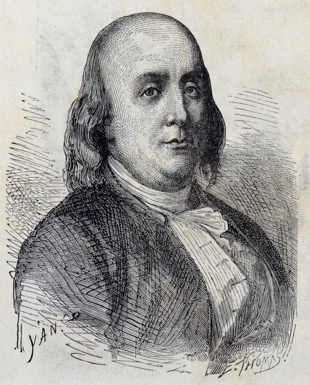 Porträt von Benjamin Franklin (1706 - 1790), amerikanischer Politiker, Memorialist, Pamphletist und Physiker - im „Album der Wissenschaft; berühmte Gelehrte; Große Entdeckungen“ 1896. von French School