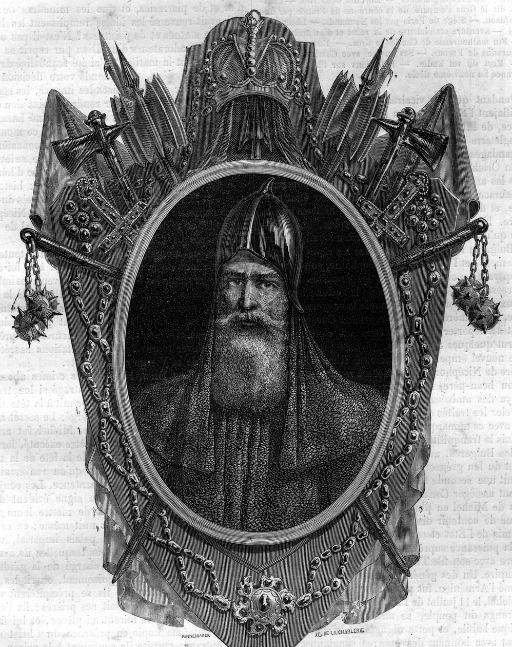 Porträt von Igor, Herzog der Russen, Warägerfürst, Herrscher der „Rus“ von Kiew von 912 bis 945. Gravur in „Histoire des Papes-Rois-Queen and Empereurs à travers les siècles“ von Maurice Lachatre von French School