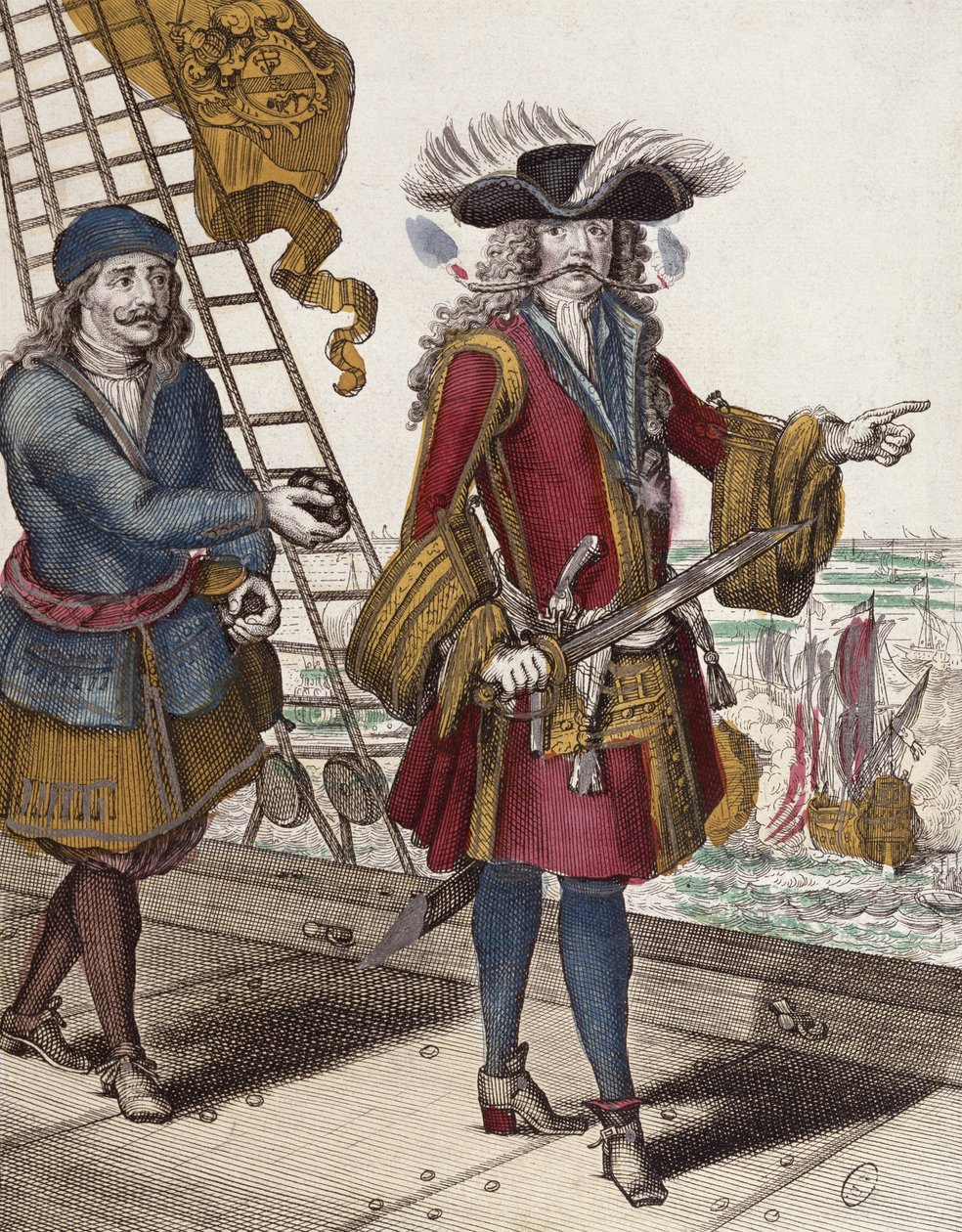 Porträt von Jean Bart (1650-1702) mit einer brennenden Lunte im Mund während eines Seegefechts (Farbgravur) von French School