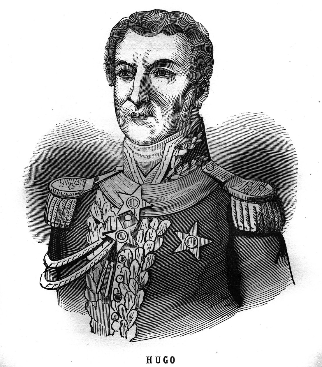 Porträt von Joseph Leopolde Sigisbert Hugo (1773-1828), General des Ersten Kaiserreichs, Vater von Victor Hugo. Gravur in „Les Illustrations De L