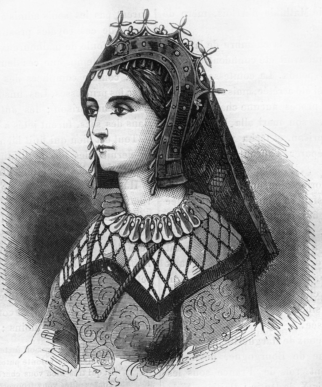 Porträt von Judith von Frankreich (843-870), Königin von Wessex und dann Gräfin von Flandern. Gravur in „Histoire de la prostitution et de la débauche dans les peuples du globe depuis l