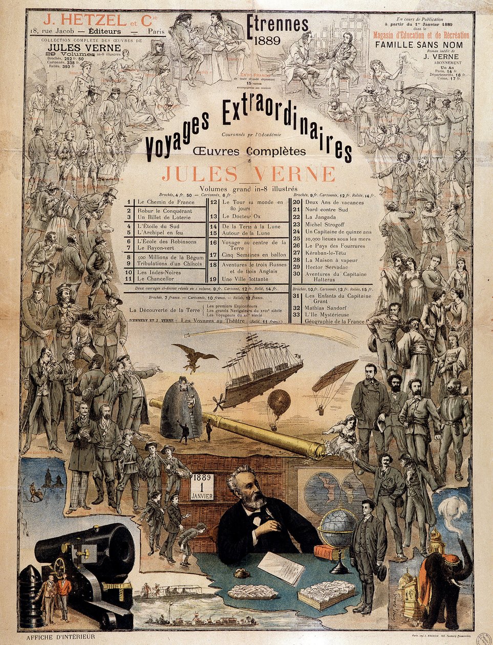 Porträt von Jules Verne und Szenen seiner Werke - Werbeplakat für seine Gesamtwerke von French School