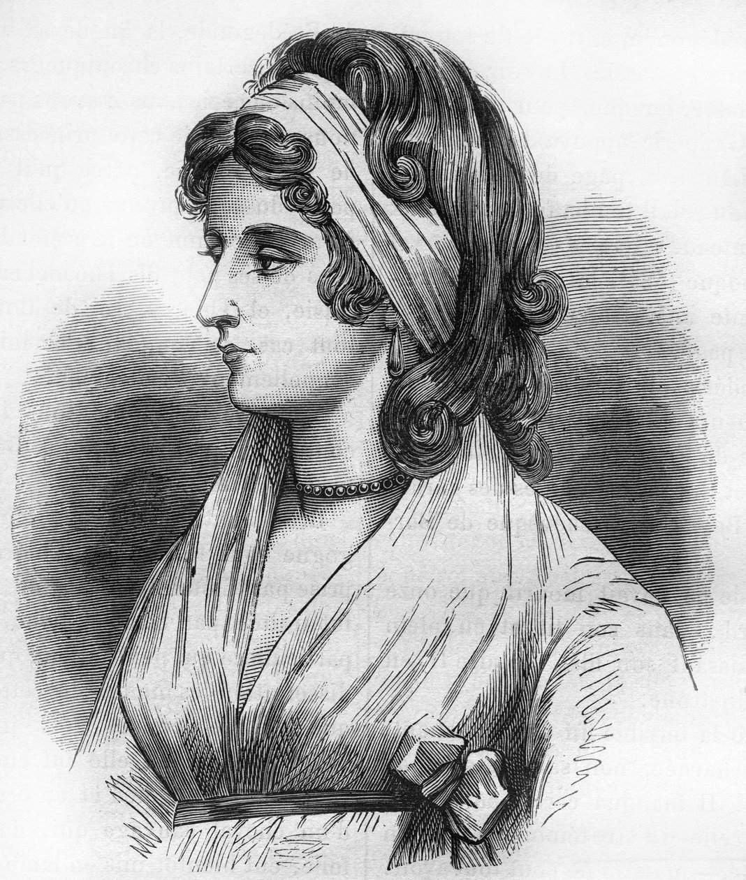 Porträt von Lady Hamilton (Emma Lyons) (1765-1815), Geliebte von Horatio Nelson, genannt Admiral Nelson (1758-1805). Gravur in „Die Geschichte der Prostitution und Ausschweifung bei allen Völkern der Welt von der Antike bis zur Gegenwart“ von Dr. Th.-F. De von French School