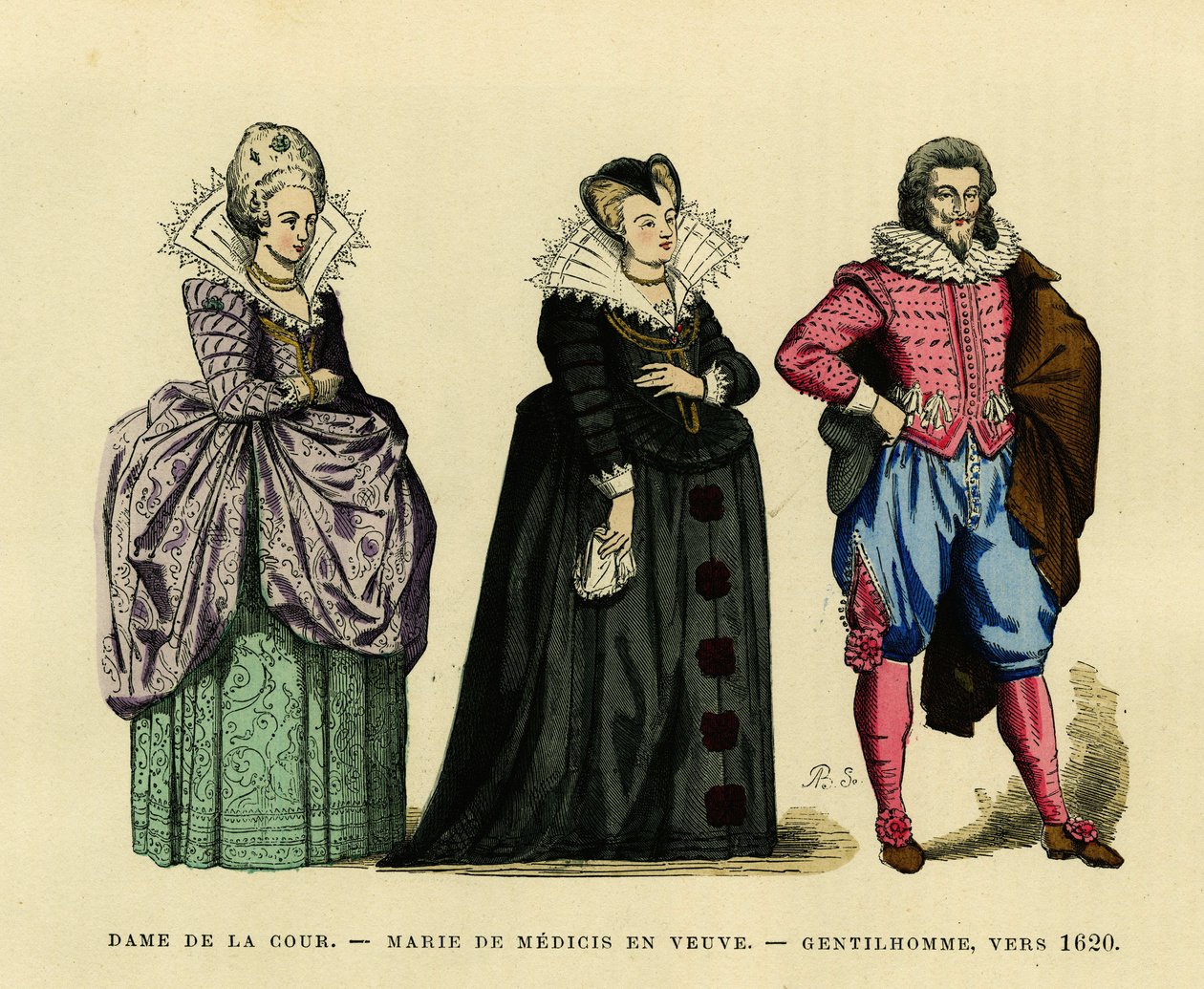 Porträt von Marie de Medici (1573-1642), Königin von Frankreich, in Witwentracht, umgeben von einer Hofdame und einem Edelmann, um 1620. Farbgravur in „Frankreich und die Franzosen durch die Jahrhunderte“ von Augustin Challamel, F. Roy Herausgeber, Paris 1 von French School