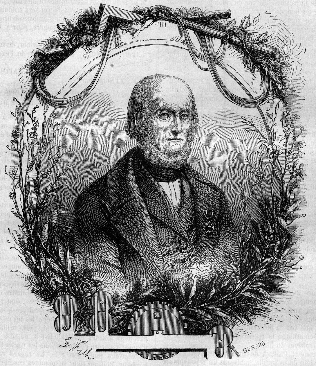 Porträt von Philippe de Girard (1775-1845), französischer Erfinder und Industrieller, Schöpfer der Flachsspinnmaschine. Gravur von 1866-1867. von French School
